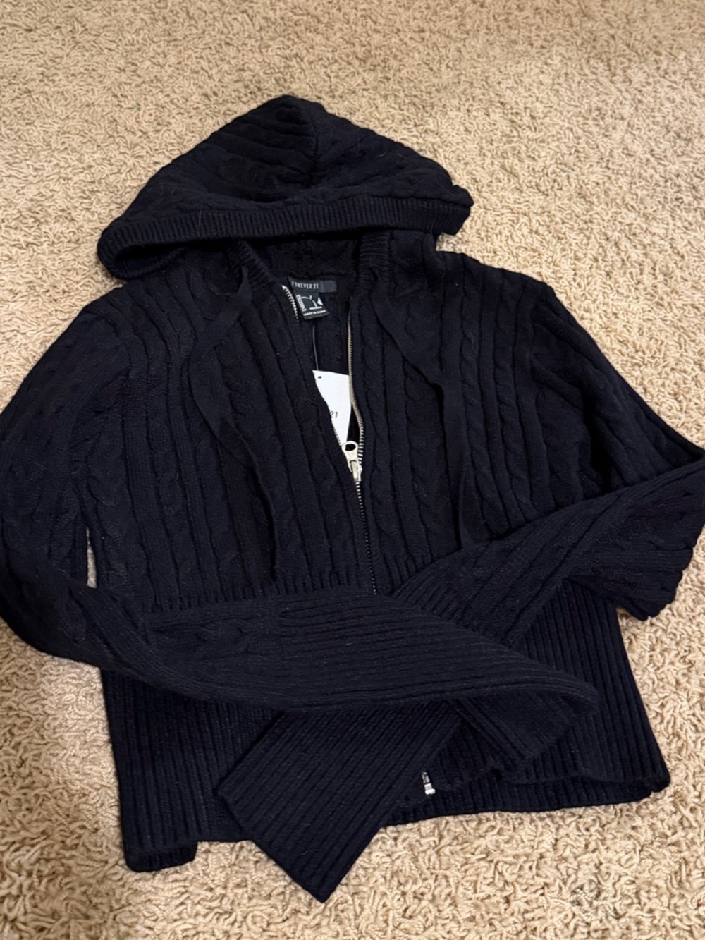 Forever 21 Black Cable-Knit Zip Hoodie